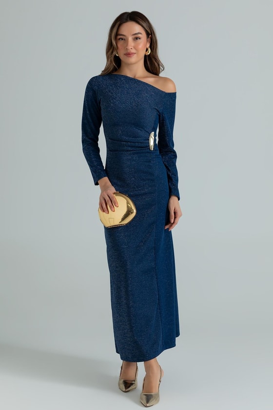 Broş Detay Simli Elbise - LACİVERT