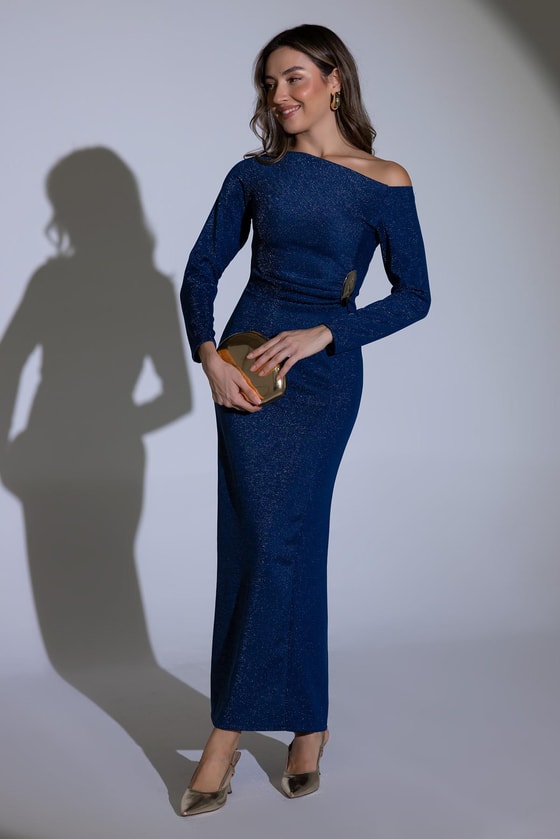 Broş Detay Simli Elbise - LACİVERT