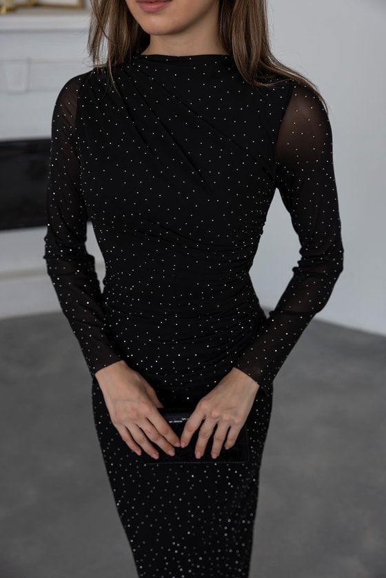 Büzgülü Taşlı Elbise - SİYAH