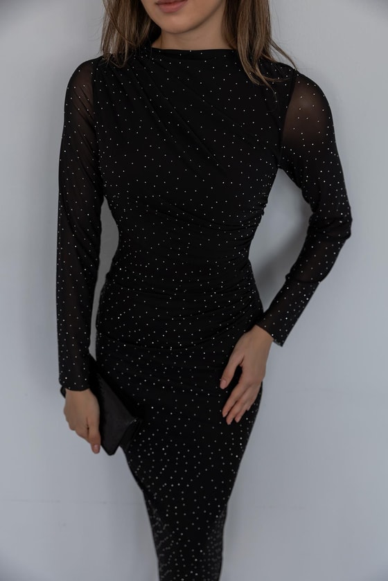 Büzgülü Taşlı Elbise - SİYAH