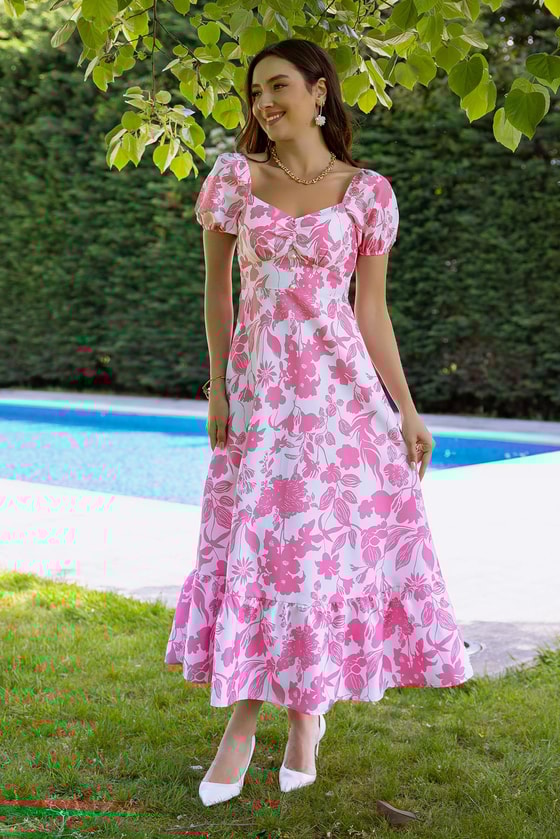 Çiçek Desen Volanlı Midi Elbise - PEMBE