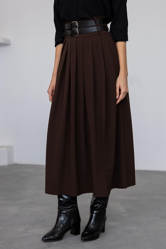 Çift Kemerli Pileli Etek - KAHVERENGİ