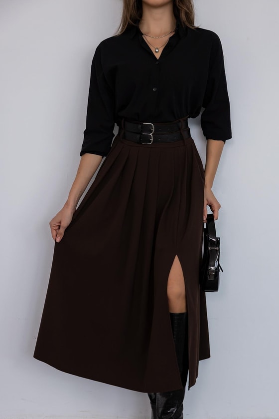 Çift Kemerli Pileli Etek - KAHVERENGİ