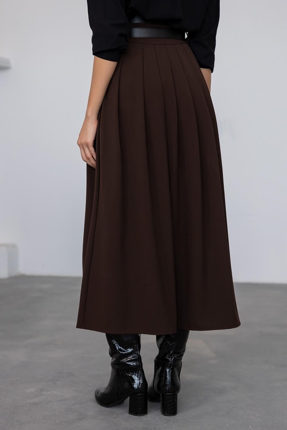 Çift Kemerli Pileli Etek - KAHVERENGİ
