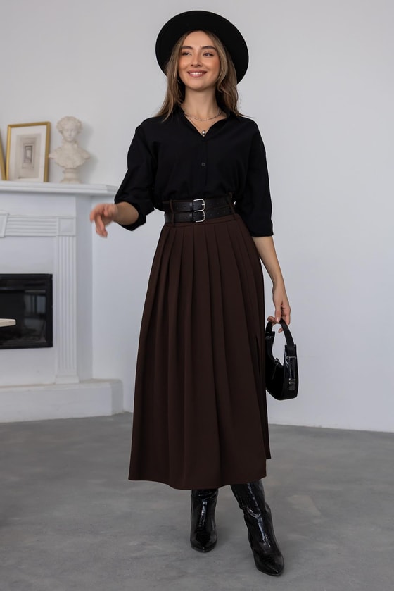 Çift Kemerli Pileli Etek - KAHVERENGİ