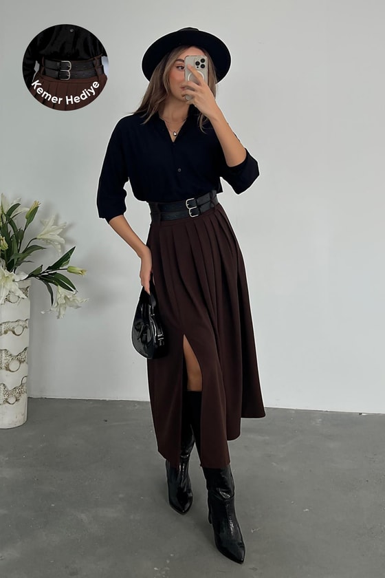 Çift Kemerli Pileli Etek - KAHVERENGİ