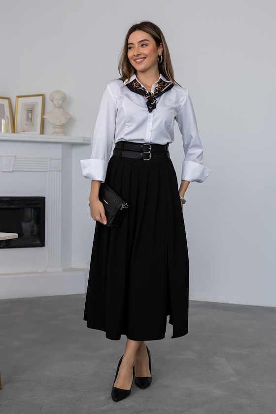 Çift Kemerli Pileli Etek - SİYAH