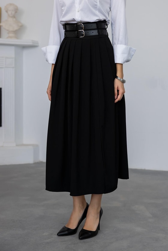 Çift Kemerli Pileli Etek - SİYAH