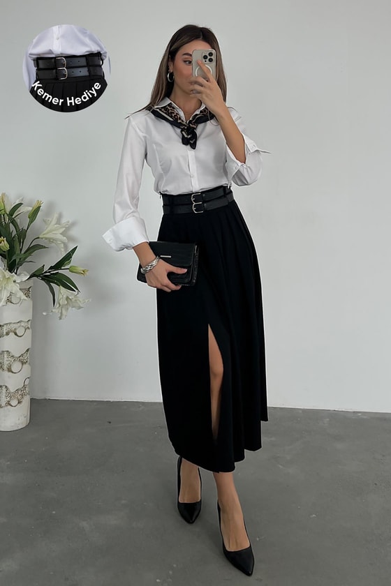 Çift Kemerli Pileli Etek - SİYAH
