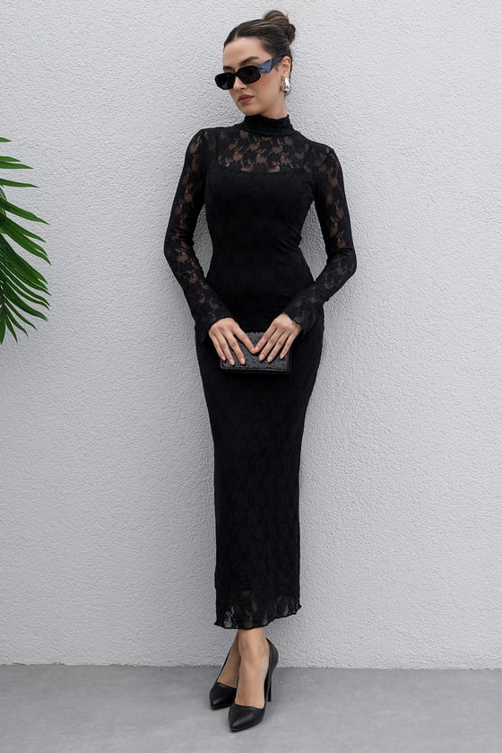 Dantel Kalem Elbise - SİYAH