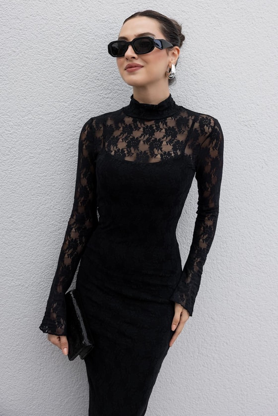 Dantel Kalem Elbise - SİYAH
