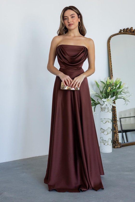 Degaje Yaka Straplez Abiye - KAHVERENGİ