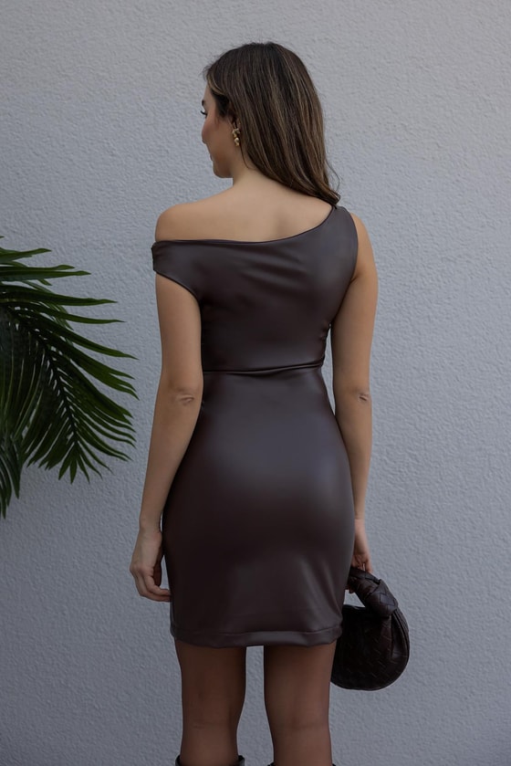 Deri Mini Elbise - KAHVERENGİ