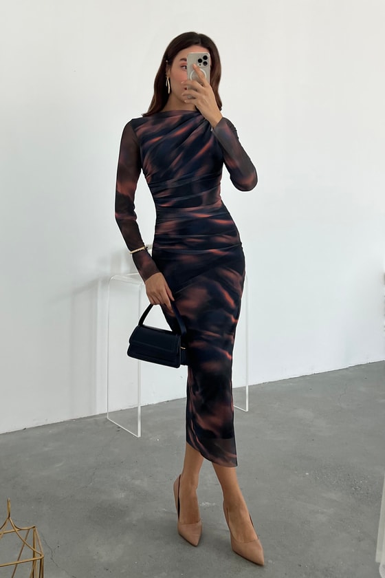 Desenli Tül Kalem Elbise - SİYAH