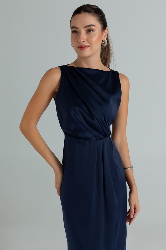 Drapeli Saten Anvelop Elbise - LACİVERT