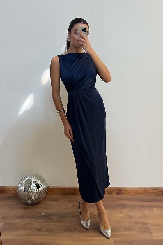 Drapeli Saten Anvelop Elbise - LACİVERT