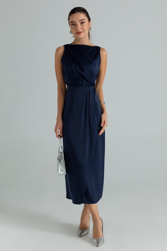 Drapeli Saten Anvelop Elbise - LACİVERT