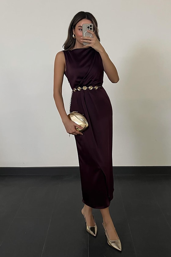 Drapeli Saten Anvelop Elbise - MOR