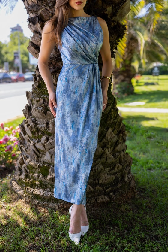 Drapeli Saten Elbise - MAVİ