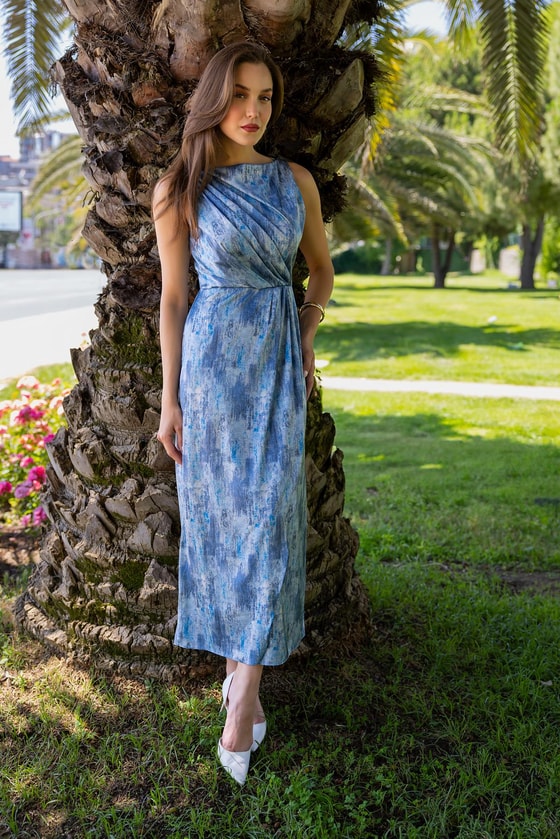 Drapeli Saten Elbise - MAVİ