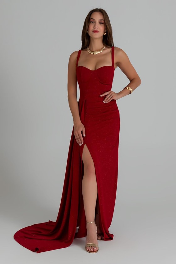 Drapeli Simli Abiye - KIRMIZI