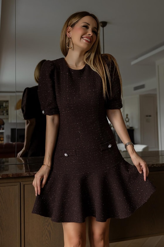 Düğme Detay Tüvit Elbise - KAHVERENGİ