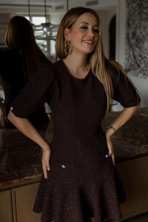 Düğme Detay Tüvit Elbise - KAHVERENGİ