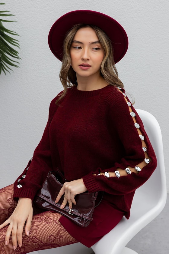 Düğme Detaylı Triko - BORDO