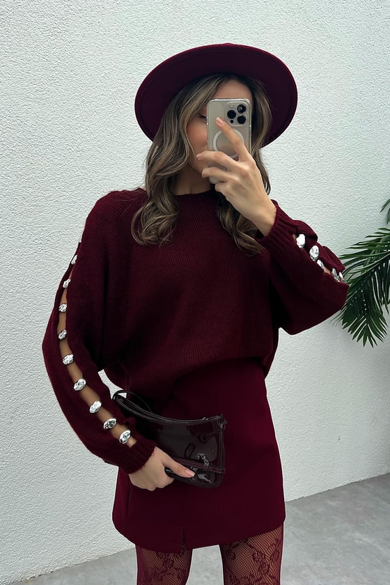 Düğme Detaylı Triko - BORDO