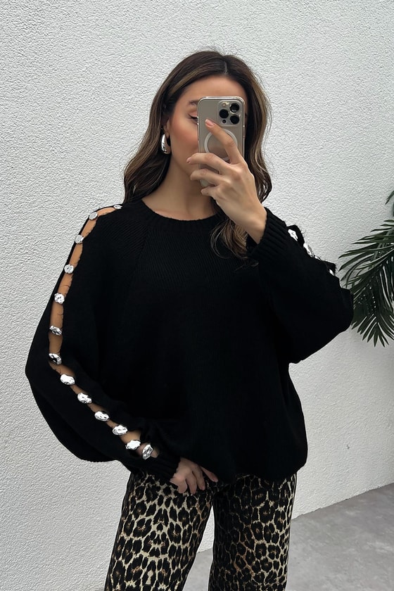 Düğme Detaylı Triko - SİYAH