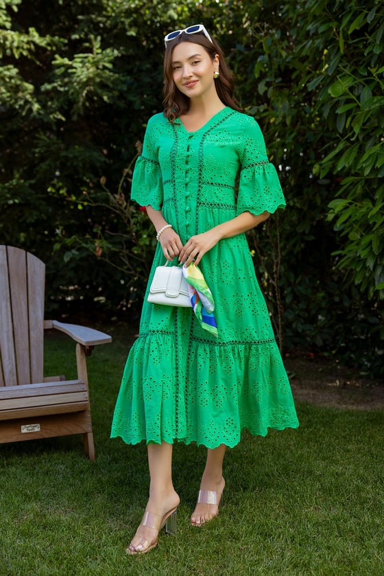 Düğme Kapamalı Brode Elbise - YEŞİL