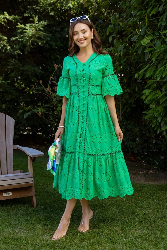 Düğme Kapamalı Brode Elbise - YEŞİL