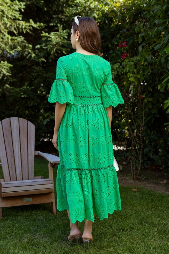 Düğme Kapamalı Brode Elbise - YEŞİL