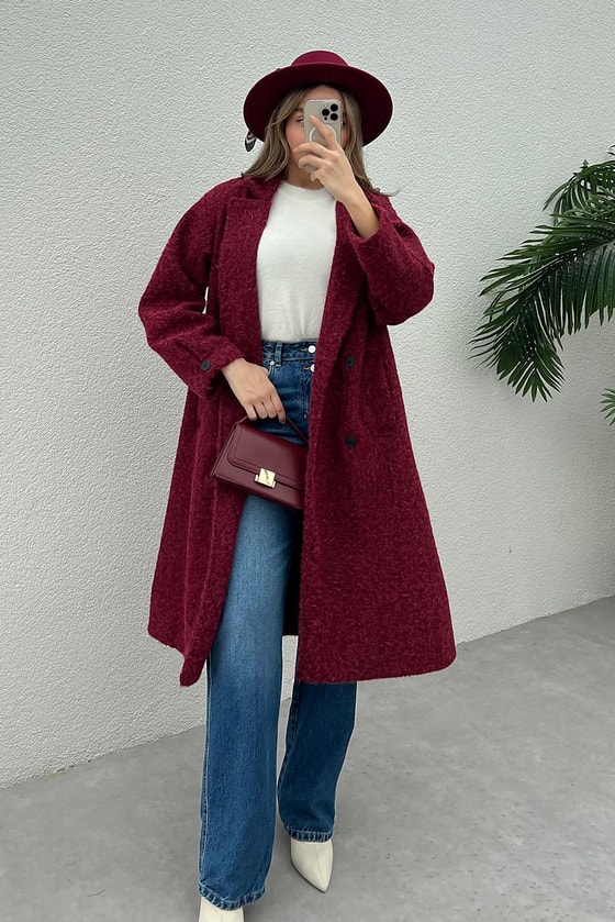 Düğmeli Buklet Kaban - BORDO