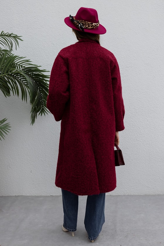 Düğmeli Buklet Kaban - BORDO