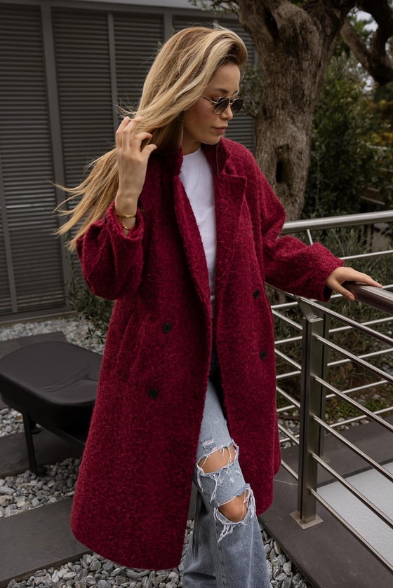 Düğmeli Buklet Kaban - BORDO