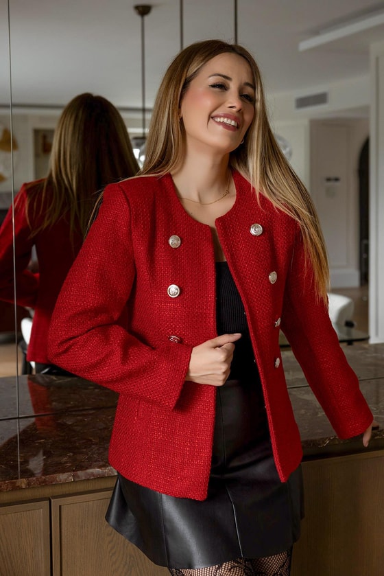 Düğmeli Tüvit Ceket - KIRMIZI