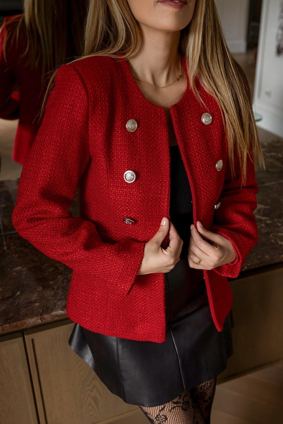 Düğmeli Tüvit Ceket - KIRMIZI
