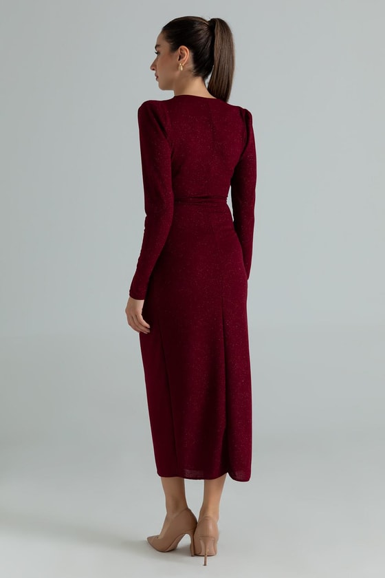 Düğüm Detay Simli Elbise - BORDO