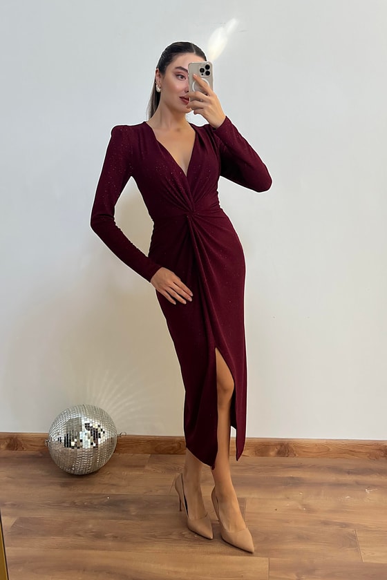 Düğüm Detay Simli Elbise - BORDO