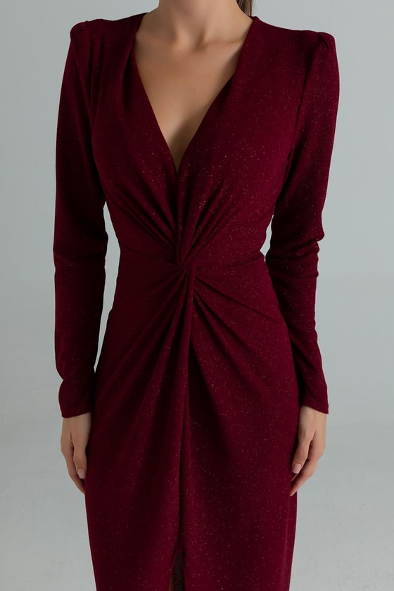 Düğüm Detay Simli Elbise - BORDO