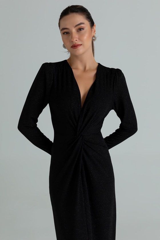 Düğüm Detay Simli Elbise - SİYAH