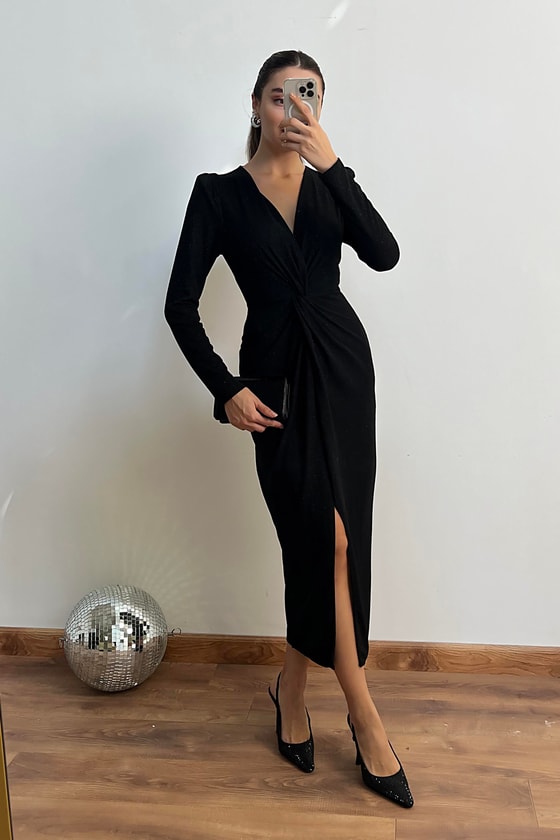 Düğüm Detay Simli Elbise - SİYAH