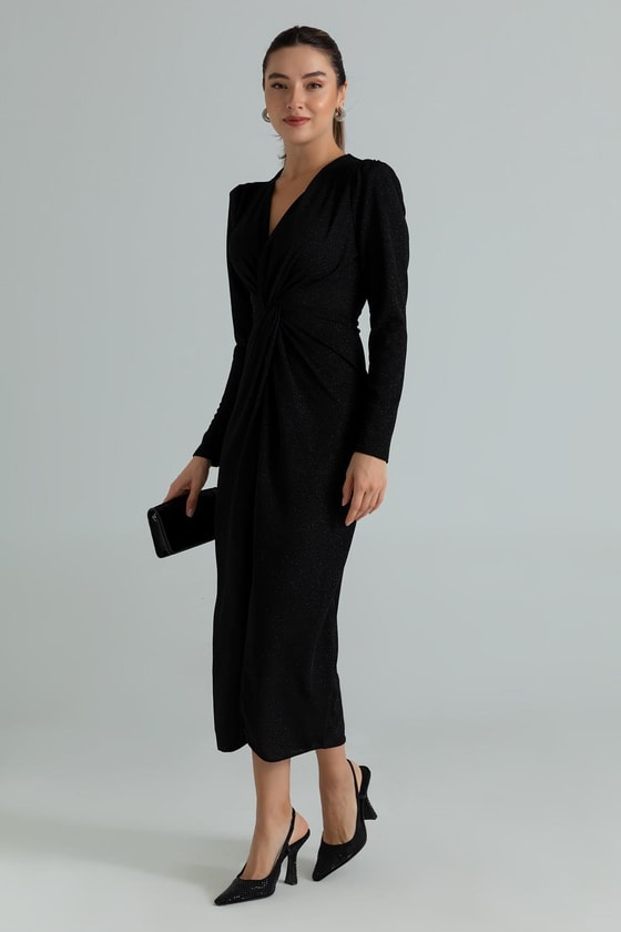 Düğüm Detay Simli Elbise - SİYAH