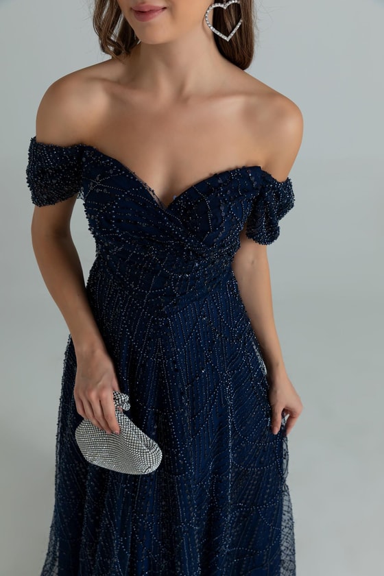 Düşük Omuz Boncuklu Abiye - LACİVERT