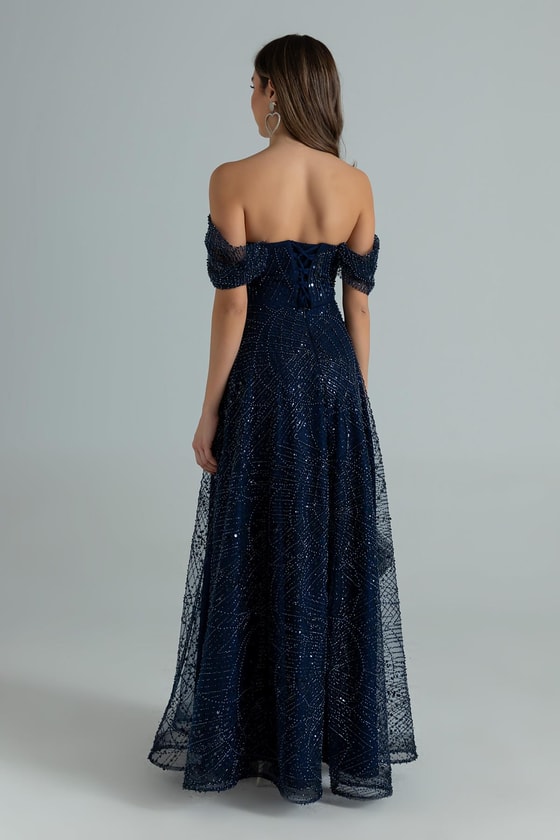 Düşük Omuz Boncuklu Abiye - LACİVERT