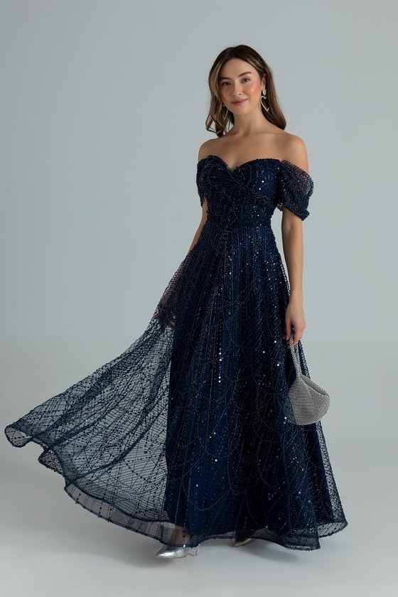 Düşük Omuz Boncuklu Abiye - LACİVERT