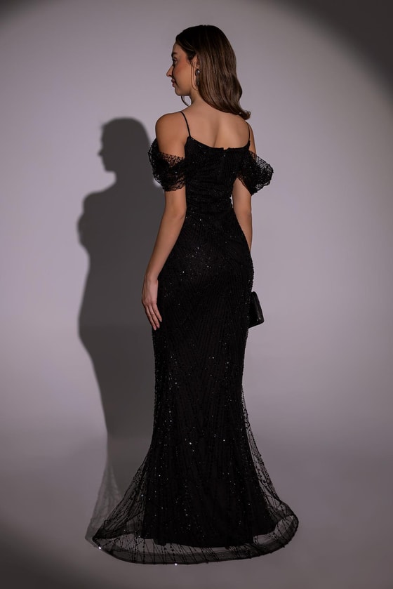 Düşük Omuz Boncuklu Abiye - SİYAH