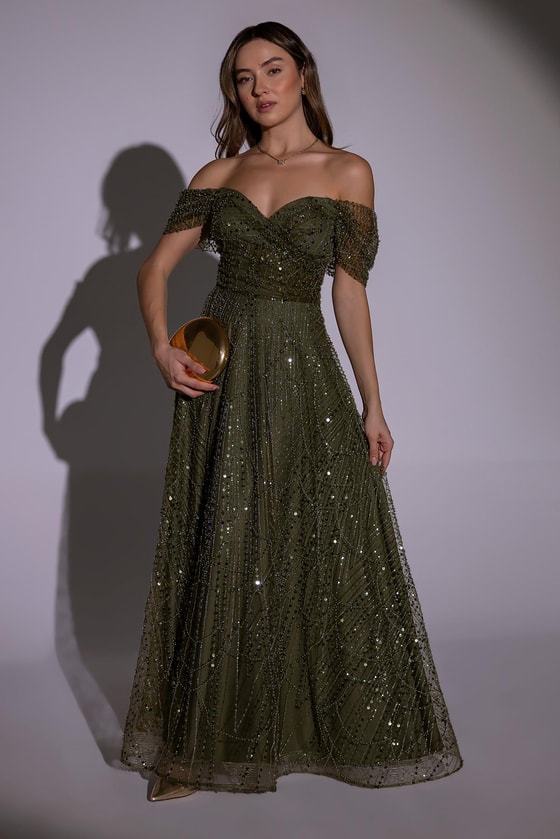 Düşük Omuz Boncuklu Abiye - YEŞİL