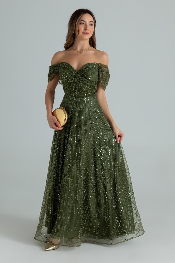 Düşük Omuz Boncuklu Abiye - YEŞİL